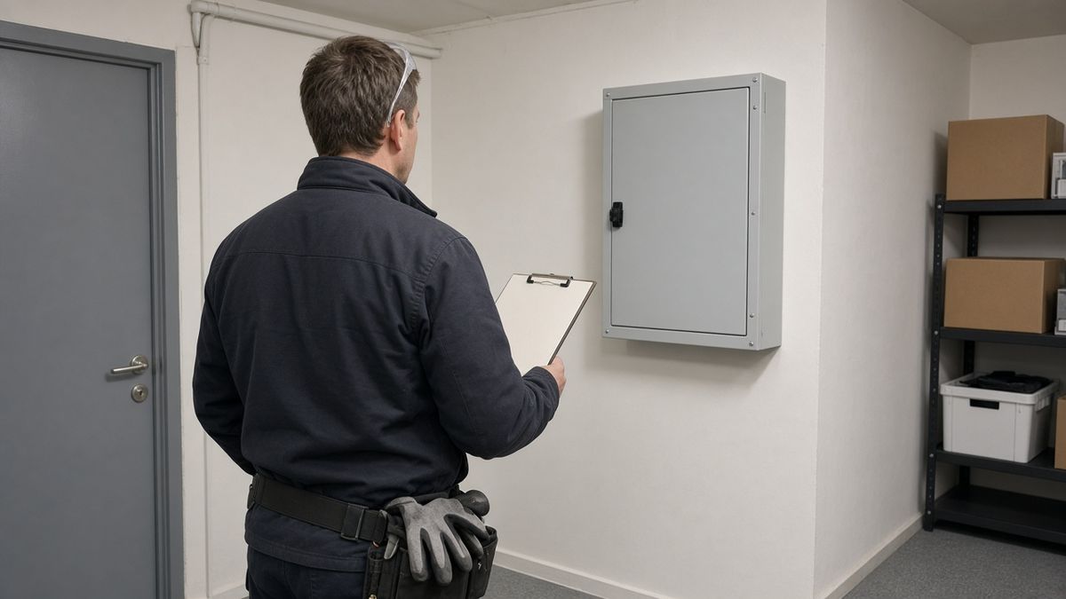 An electrician seen from behind with a clipboard in front of a closed grey distribution board in a commercial back room