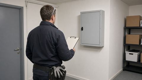 An electrician seen from behind with a clipboard in front of a closed grey distribution board in a commercial back room