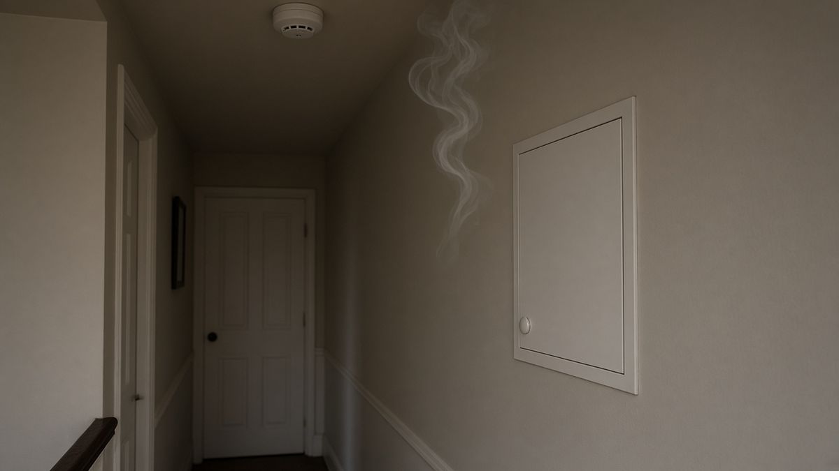 A dim hallway with a wisp of smoke near a closed wall cupboard and a smoke alarm on the ceiling
