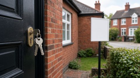 House keys in the front door of a red-brick house with a blank sale board outside