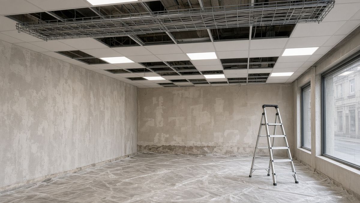 An empty shop unit being refitted, with ceiling tiles removed showing new cable tray and LED panel lights