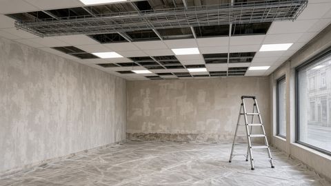 An empty shop unit being refitted, with ceiling tiles removed showing new cable tray and LED panel lights