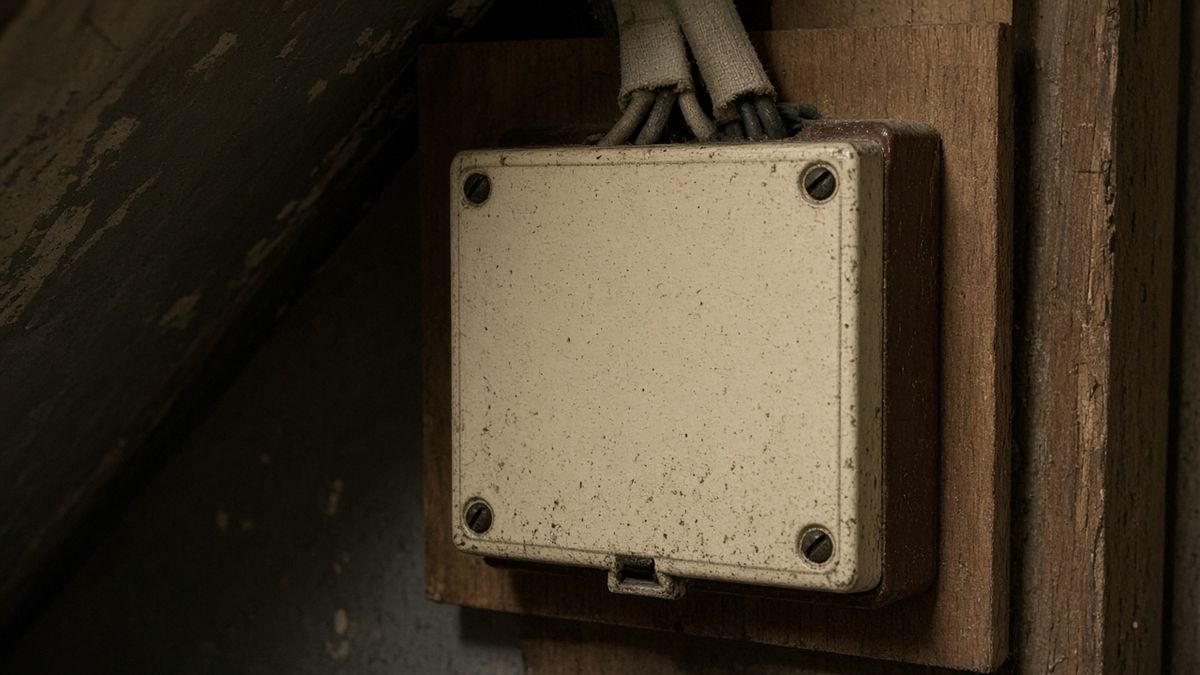 An old cream metal fuse box on a wooden board in an under-stairs cupboard