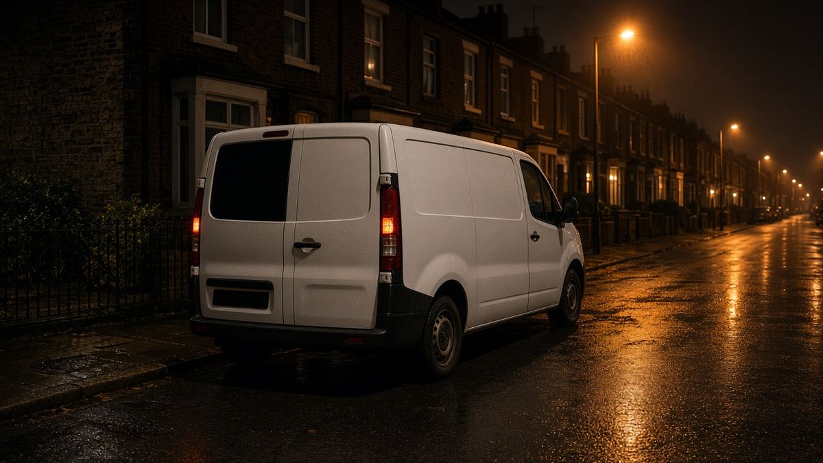 A plain white van parked on a wet residential street at night under streetlights
