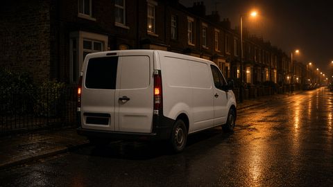 A plain white van parked on a wet residential street at night under streetlights