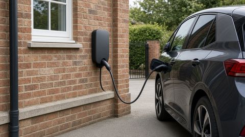 A wall-mounted EV charger on a brick house wall with its cable plugged into an electric car on the driveway