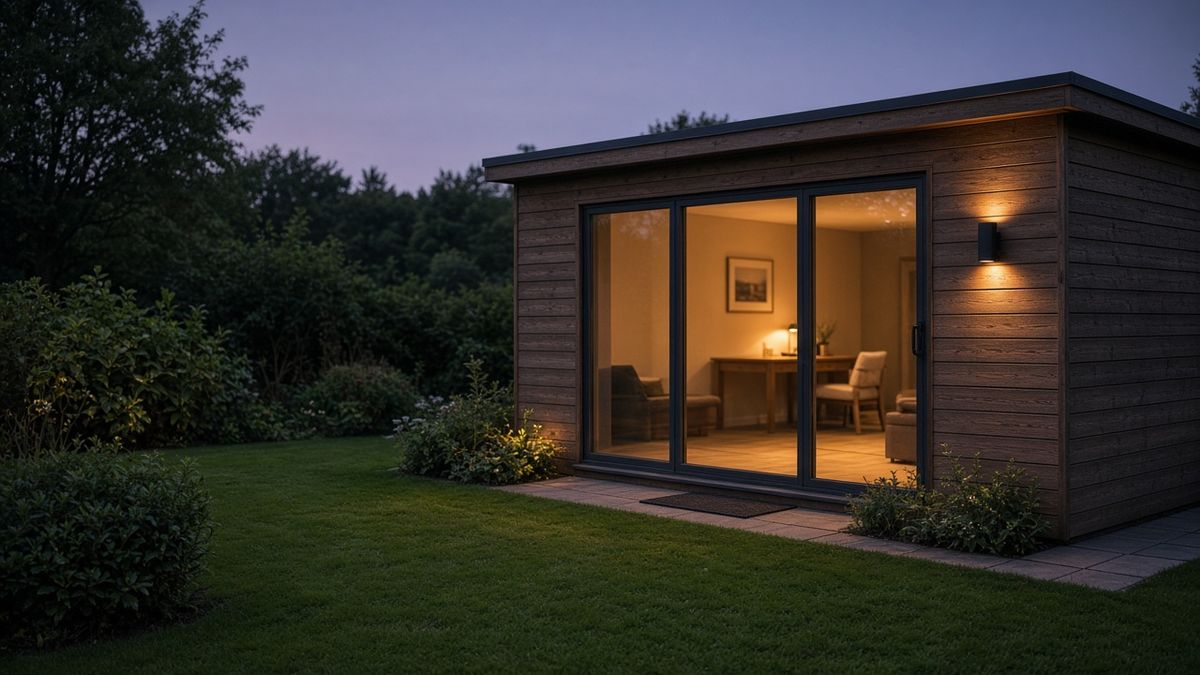A timber garden room at dusk with warm lights inside and an outdoor wall light by the door