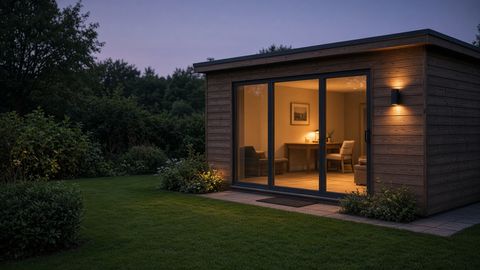 A timber garden room at dusk with warm lights inside and an outdoor wall light by the door