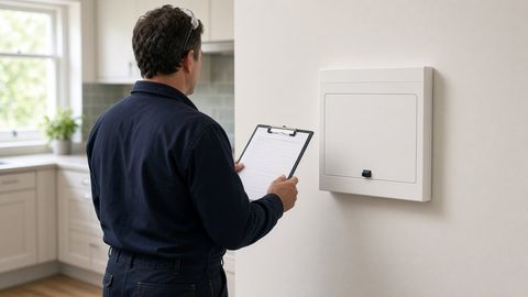 An electrician seen from behind holding a clipboard beside a closed consumer unit in a kitchen