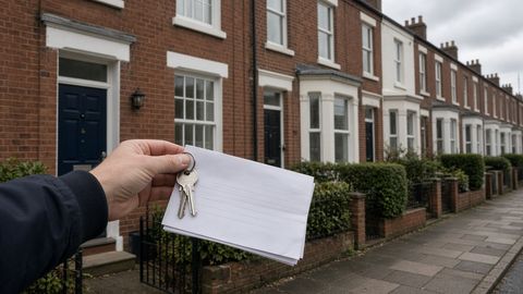 A hand holding keys and a blank document in front of a row of terraced houses