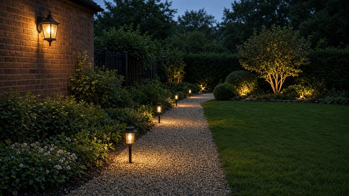 An English garden at dusk with path spike lights and a wall lantern on brickwork