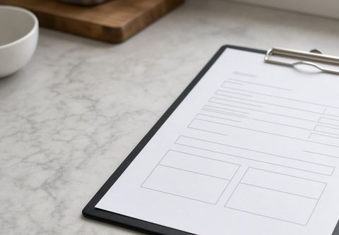 A blank inspection form on a clipboard with a pen on a kitchen worktop