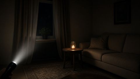 A dark living room during a power cut lit only by a torch beam and a candle in a jar