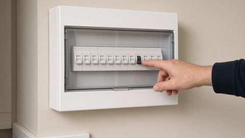 A closed white UK consumer unit with a row of circuit breakers, one switched down, and a hand reaching towards it