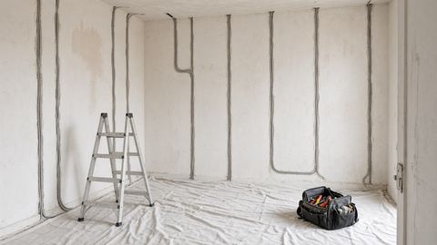 An empty room mid-rewire with new cables in chased plaster walls, dust sheets, a step ladder and a tool bag