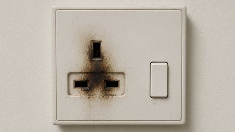 A UK three-pin wall socket with brown scorch marks around the pin holes