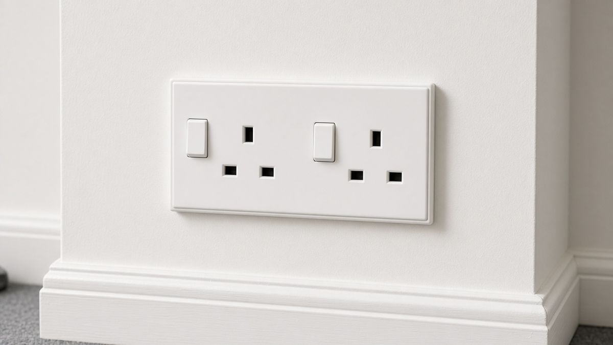 A new white UK double switched socket on a living room wall above the skirting board