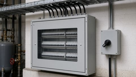 A grey three-phase distribution board with a clear window showing rows of breakers, under a cable tray in a plant room